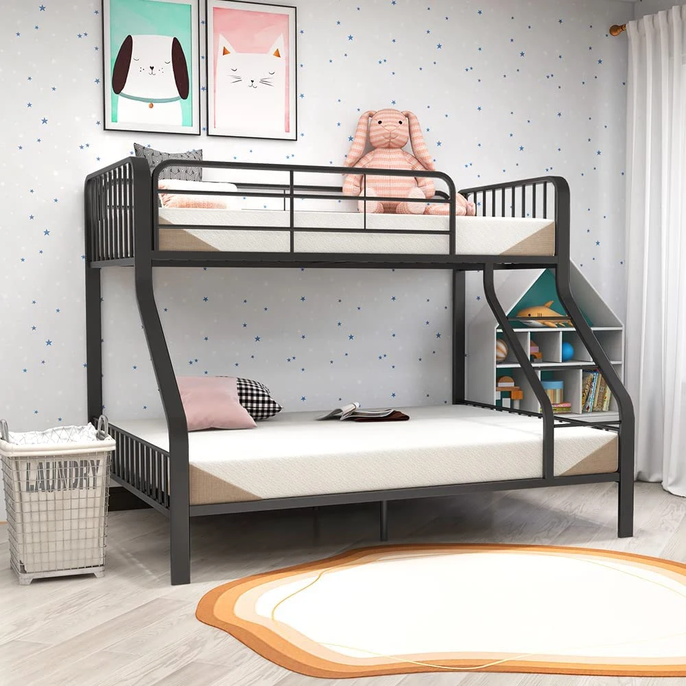 3 People Triple Metal Bunk Bed Twin Over Queen Metal Bunk Beds